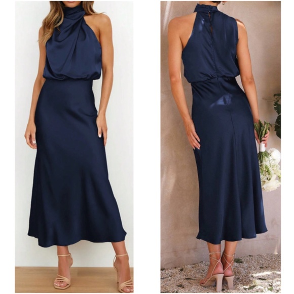 Luxe Sleeveless Satin Drape Neck Party Evening Midi Dress - Picture 6 of 7